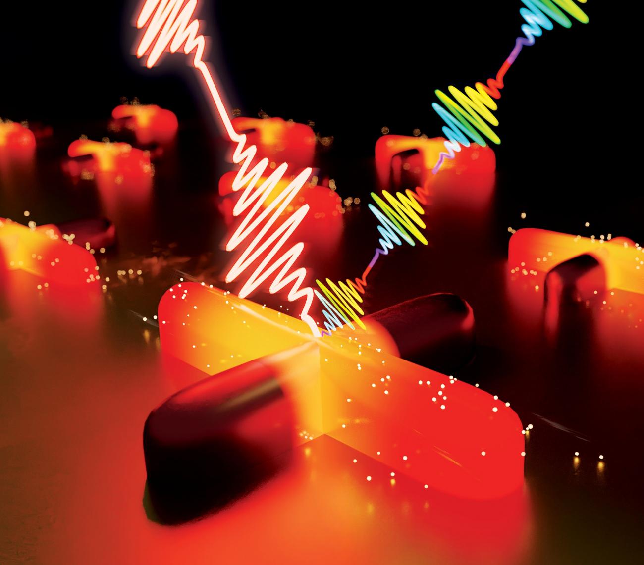 Illustration de l'échauffement sélectif d'un bras d'une nano croix métallique par un faisceau laser à impulsions ultra-courtes. 